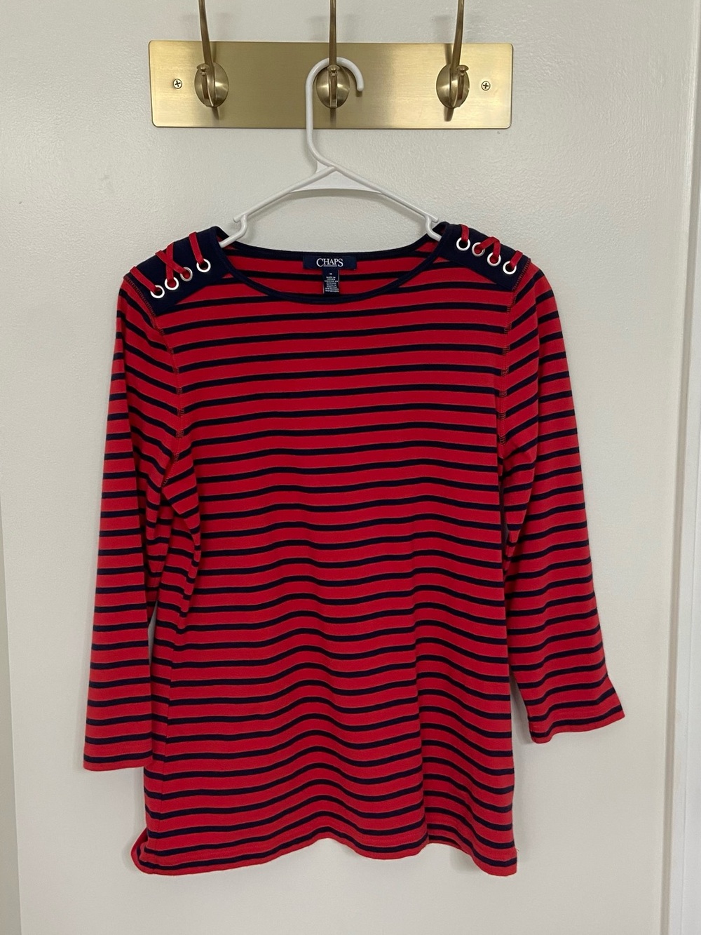 CHAPS Women’s Medium Red Navy Striped Top Lace Up Shoulder 3/4 Sleeve Nautical